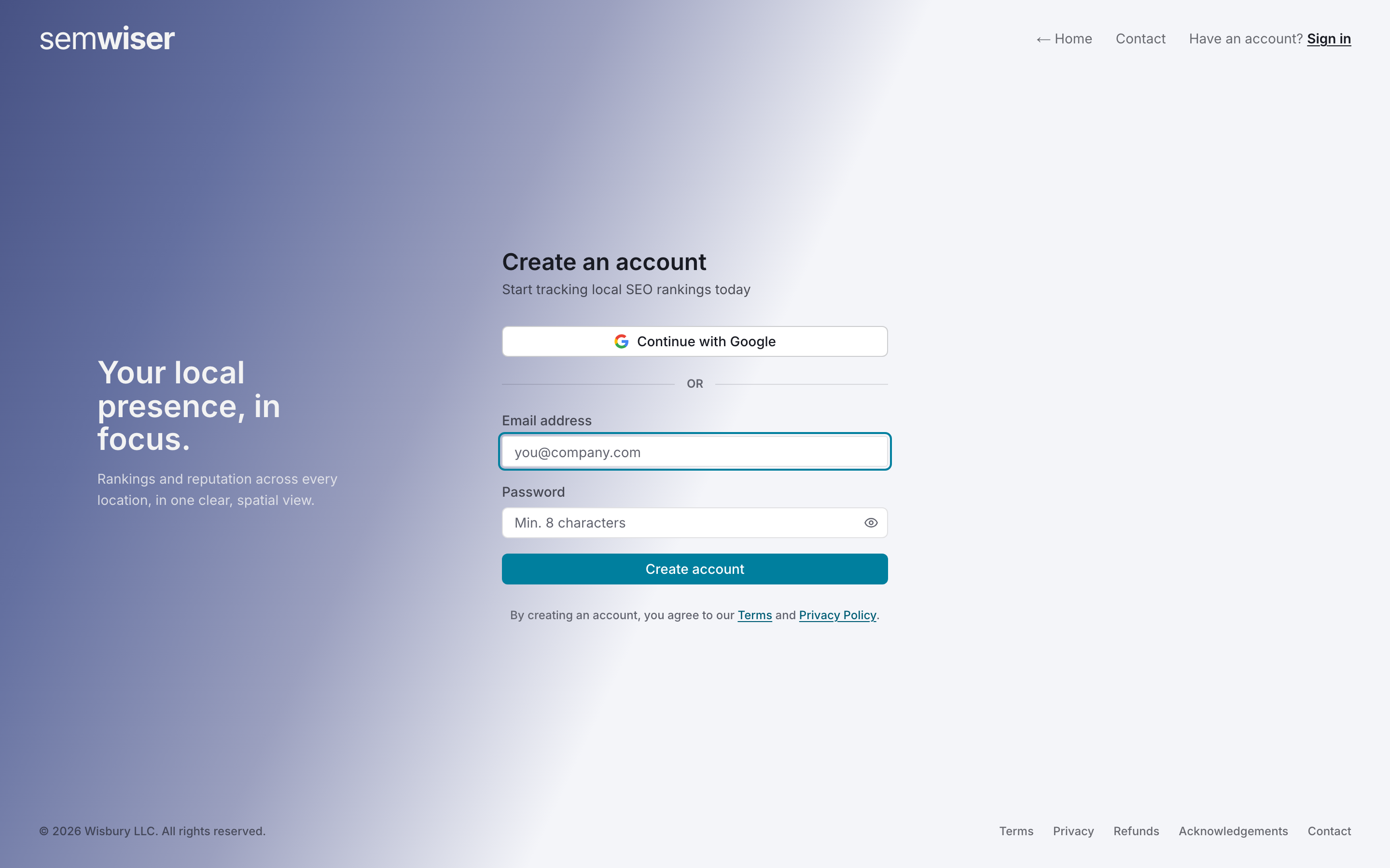 The Create an account page