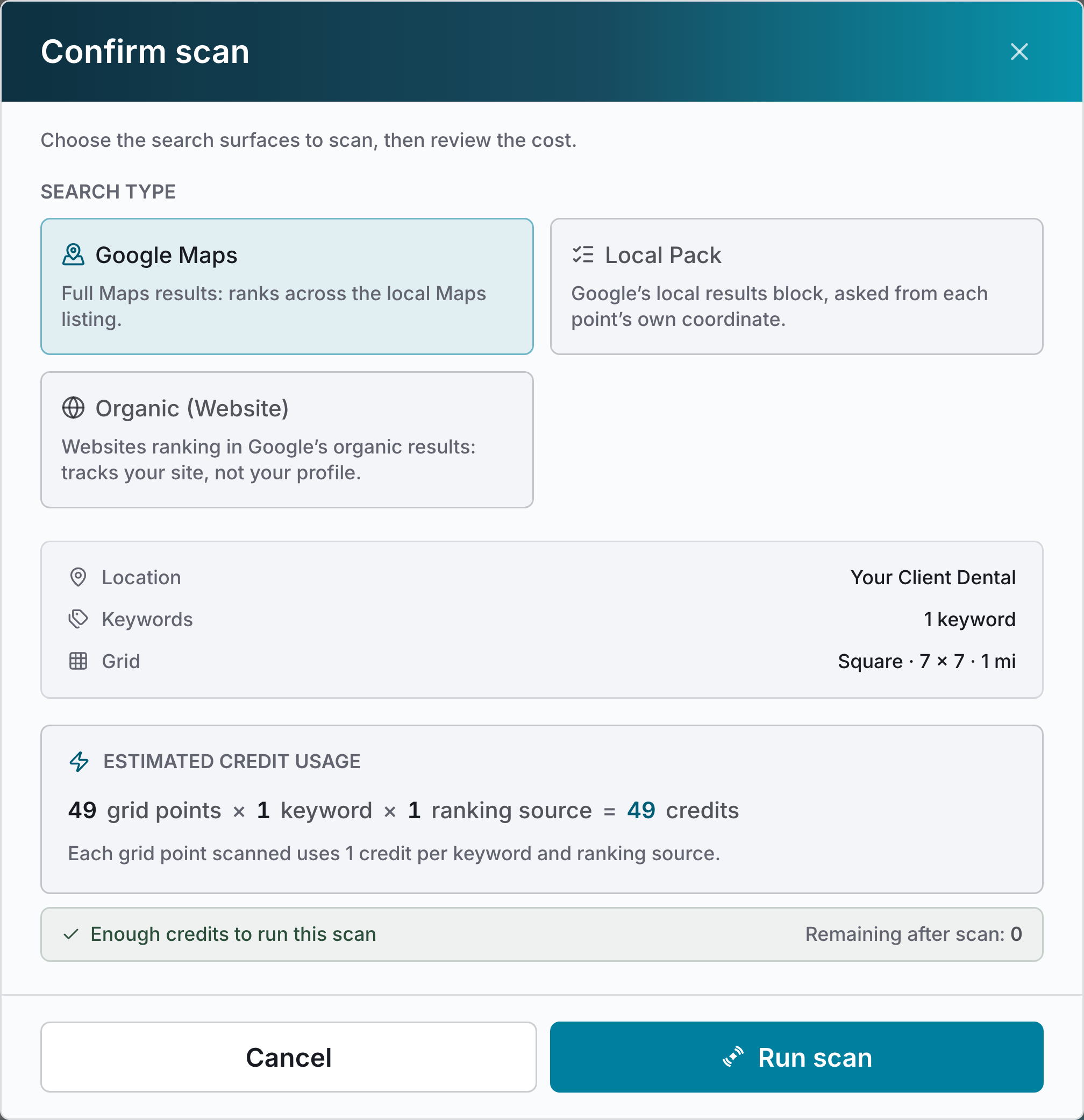 The Confirm scan window